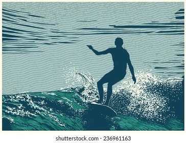 Silhouette Surfer Big Wave Engraving Style Stock Vector (Royalty Free ...