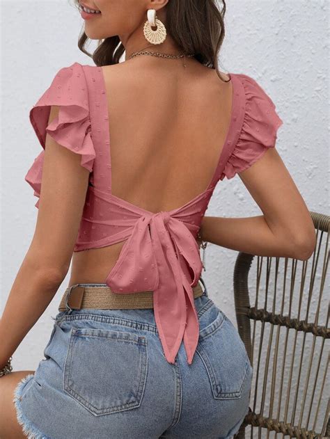 SHEIN WYWH Top cortado ponto suíço acabamento de babados gola quadrada