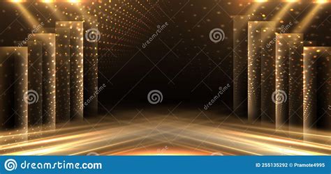 Elegant Golden Stage Diagonal Glowing With Lighting Effect Sparkle On Black Background Template