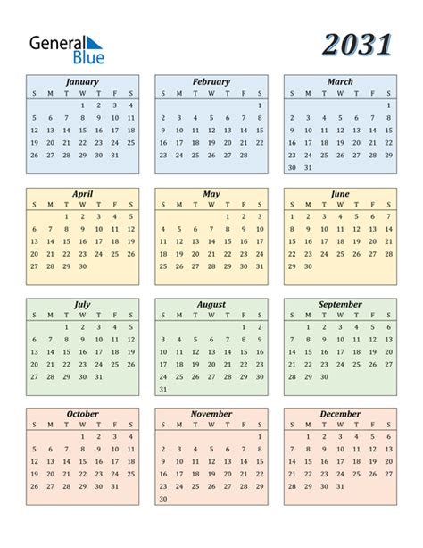 2031 Calendar (PDF, Word, Excel)