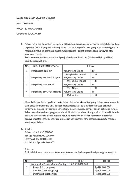 Tugas Tuton Akuntansi Biaya Nama Difa Anggara Pria Kusyana Nim