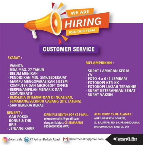 Lowongan Kerja Customer Service Di Alif S Bakery Cookies LokerSemar Id