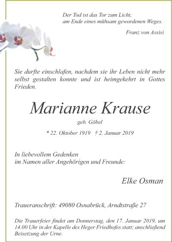 Traueranzeigen Von Marianne Krause Noz Trauerportal