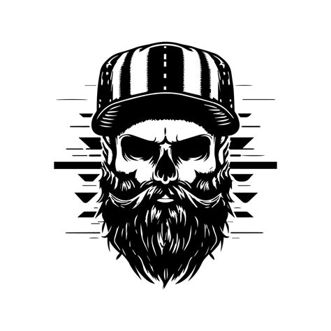 Hipster Skull With Moustache And Beard Wearing Hat Hand Drawn