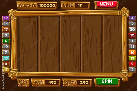 Set Cartoon Wood Assets Interface And Buttons For Ui Game SLOTS Stock