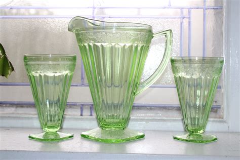 Green Depression Glass Pitcher And Tumblers Vintage Banded Floral