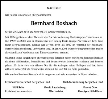 Traueranzeigen Von Bernhard Bosbach WirTrauern