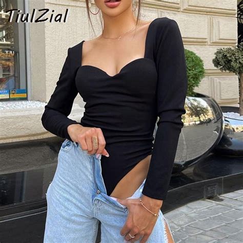 Tiulzial Black Bodycon Sexy Bodysuit 2021 Autumn Long Sleeve Women