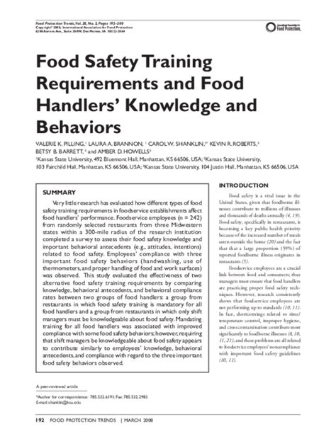 Pdf Food Safety Training Requirements And Food Handlers Knowledge