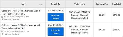 1x Coldplay Singapore Concert PRINT AT HOME TICKET 24 Jan 2024