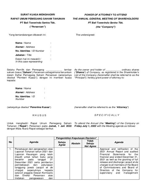 Fillable Online Surat Kuasa Untuk Menghadiri Power Of Attorney To