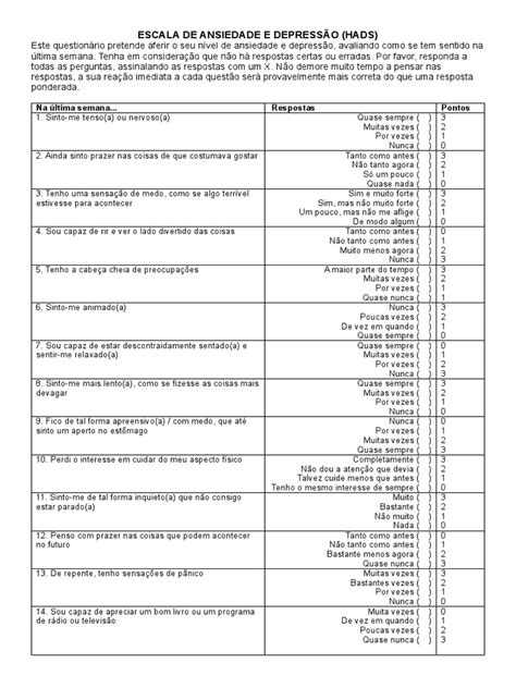 Escala De Ansiedade E Depressão Pdf