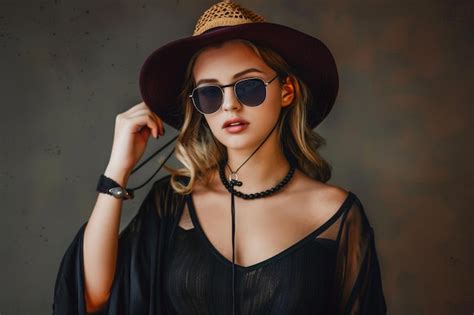 Premium Photo A Woman Wearing A Hat And Sunglasses Is Wearing A Hat