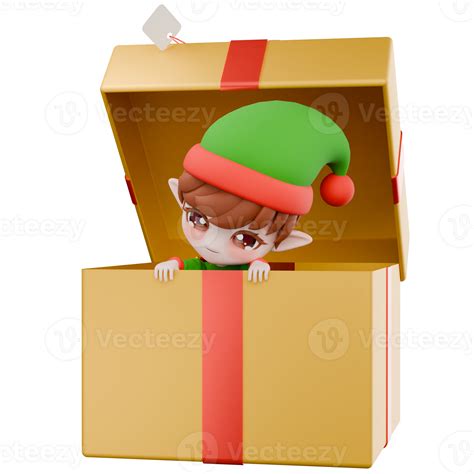 Holiday Festive Chibi Elf. A male Chibi Elf hides inside a large gift