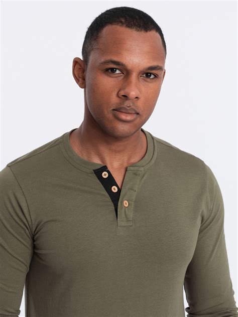 Men S Longsleeve With Buttons At The Neckline Dark Olive V1 OM LSCL