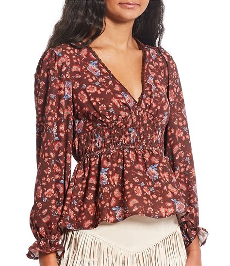 Coco Jaimeson Floral Print Long Sleeve Peplum Blouse Dillards