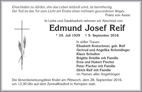 Traueranzeigen Von Edmund Josef Reif Augsburger Allgemeine Zeitung