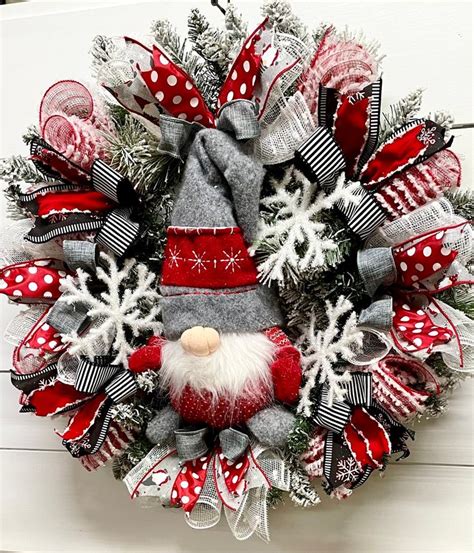 Winter Gnome Wreath For Front Door Gnome Decor Red And Gray