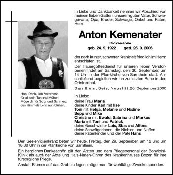 Traueranzeigen Von Anton Kemenater Trauer Bz