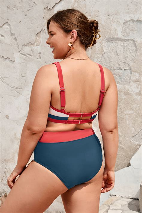 Bikini Grande Taille Bande Et Blocs De Couleur Avec Taille Haute