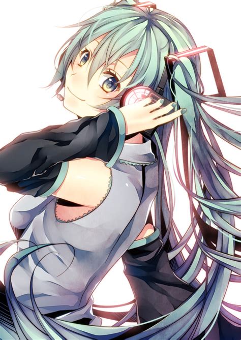 Safebooru 1girl Aqua Eyes Aqua Hair Detached Sleeves Hand On