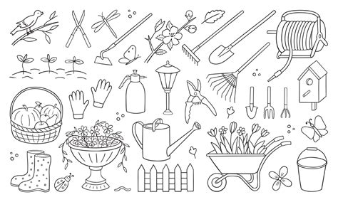 Hand Drawn Set Of Gardening Doodle Garden Tools Agriculture