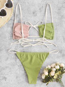 Zaful Two Tone Tie Loincloth String Bikini Swimwear In Avocado Green