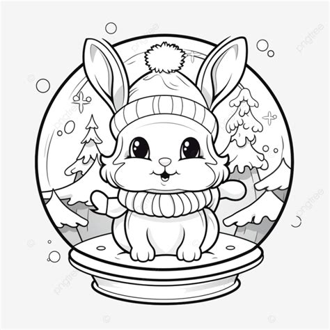 Christmas Bunny With Snow Globe Coloring Page Outline Cartoon Vector