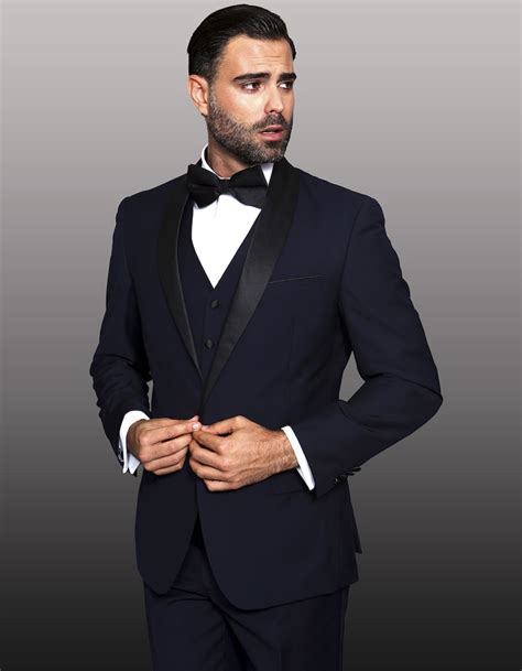 Mens 1 Button Shawl Lapel Vested Wool Tuxedo In Navy Blue