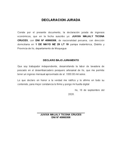 Declaracion Jurada Ingresos Económicos Pdf