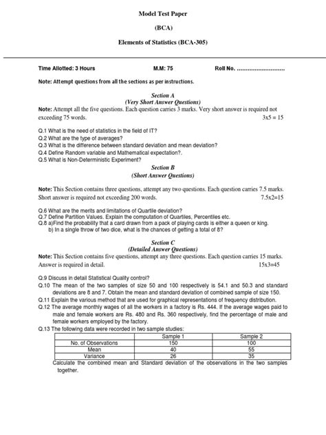 Model Test Paper Bca Elements Of Statistics Bca 305 Exceeding 75