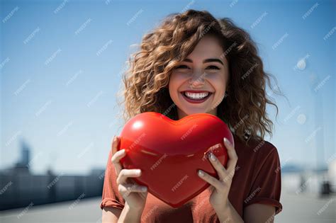 Premium Photo A Woman Holding A Red Heart In Front Of Her Face And Smiling At The Camera With