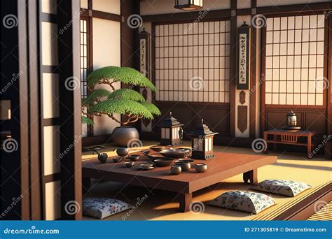 Traditional Japanese Tea Room Interior With Tatami Mats3d Rendering