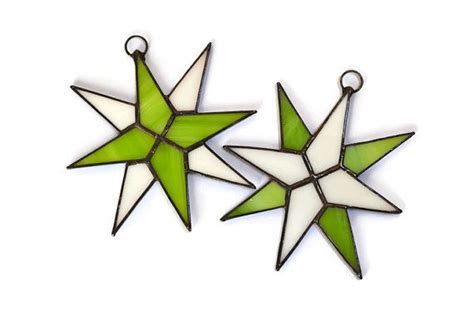 Two Green And White Stained Glass Star Ornaments