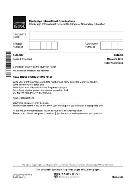 Cambridge Igcse Biology 0610 Past Question Paper 3 June 2015