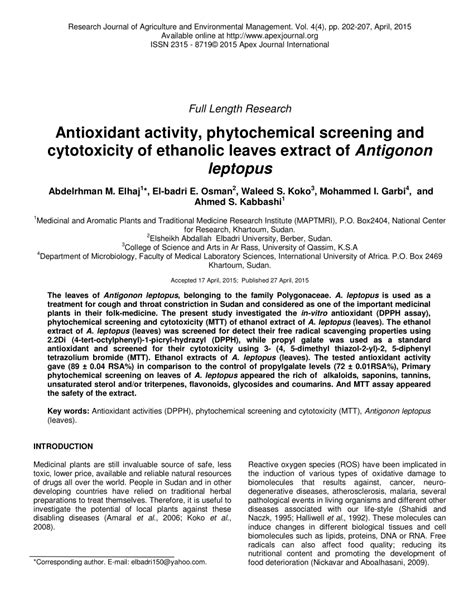 Pdf Antioxidant Activity Phytochemical Screening And Cytotoxicity Of