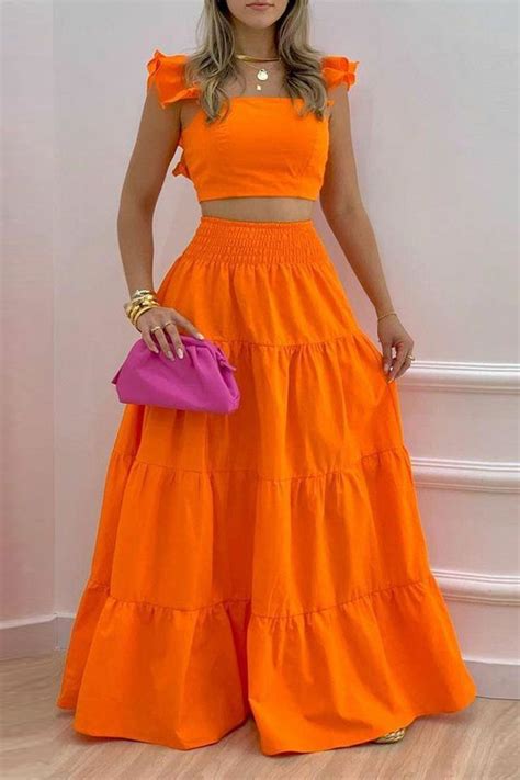 Shirred Back Crop Top And Maxi Skirt Set Trendy Womens Outfit