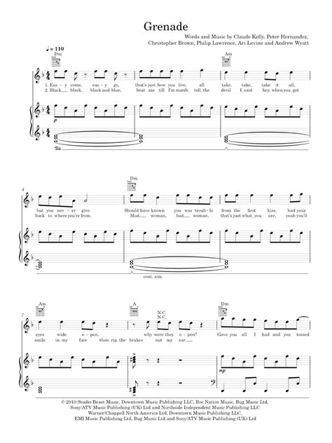 Grenade Sheet Music For Piano Vocals By Bruno Mars Official