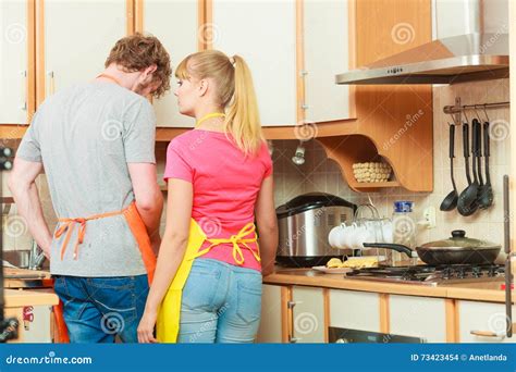 Couple Woman And Man Cooking In Kitchen Stock Photo Image Of Cook