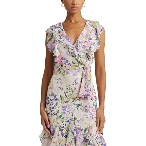 Lauren By Ralph Lauren Floral Ruffle Trim Georgette Gown Cream