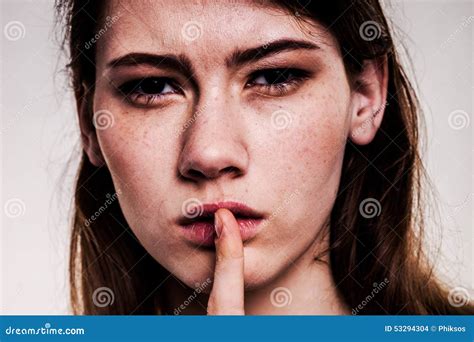 Shhhhh Woman Finger On Lips Silent Silence Stock Image Stock Photo