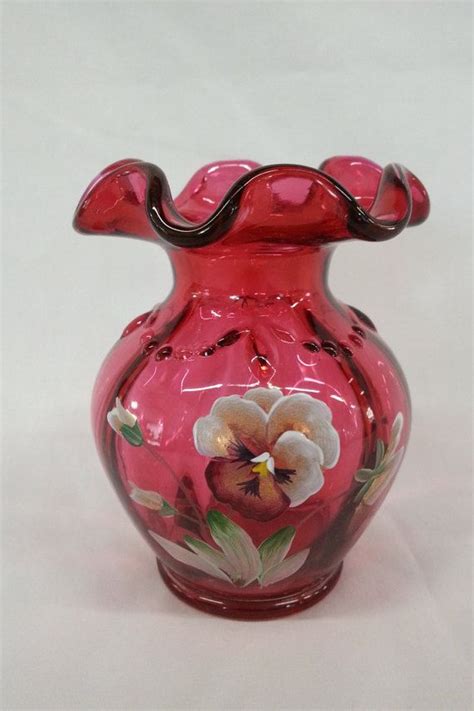 Fenton Cranberry Glass Vase Ruffled Top Hand Painted Signed Cranberry Glass Vase Cranberry