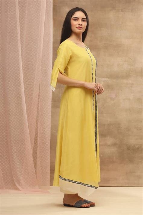 Buy Vaayu Yellow Handwoven Muslin Embroidered Asymmetric Kurta Online