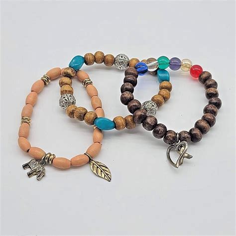 Stacking Set Of Wooden Beaded Stretch Bracelets W Silver Bead Charm