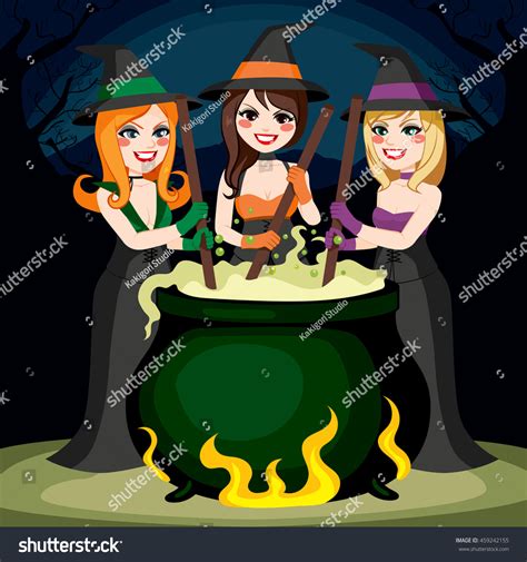 Three Halloween Witches Cooking Potion Brew In Cauldron Together Stock