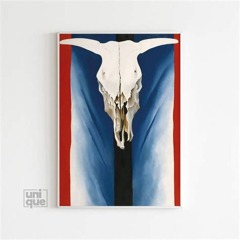 Georgia Okeeffe Print Cows Skull Red White And Blue Vintage Poster