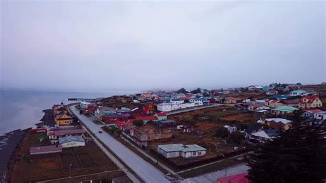 Aerial view of the morning panorama of Porvenir, Tierra del Fuego ...