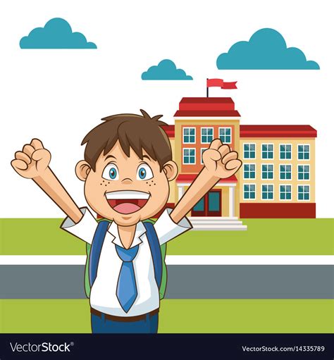 Boy student happy funny yard building school Vector Image