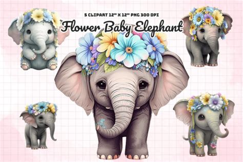 Watercolor Flower Baby Elephant Clipart Graphic By Gemstone Creative