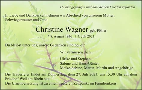 Christine Wagner Traueranzeige Badische Zeitung